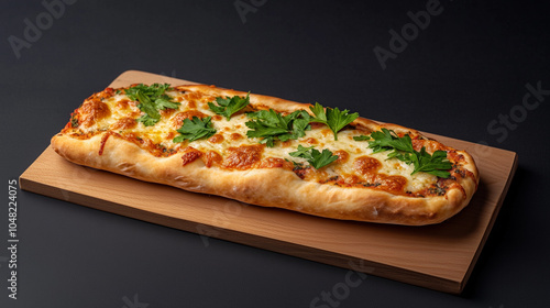 Delicious flatbread topped with melted cheese and fresh parsley, served on wooden board. This appetizing dish is perfect for sharing or enjoying as snack.