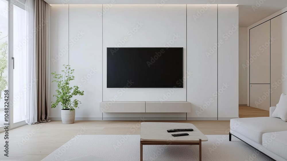 Elegant modern living space with neutral tones, a flatscreen TV, and minimalistic furniture Contemporary decor, Functional simplicity