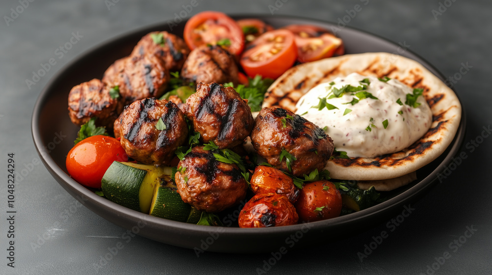 Delicious grilled meatballs served with fresh vegetables, cherry tomatoes, and side of creamy sauce on warm flatbread, creating vibrant and appetizing meal. Delicious grilled meatballs served with fresh vegetables, cherry tomatoes, and side of creamy sauce on warm flatbread, creating vibrant and appetizing meal.