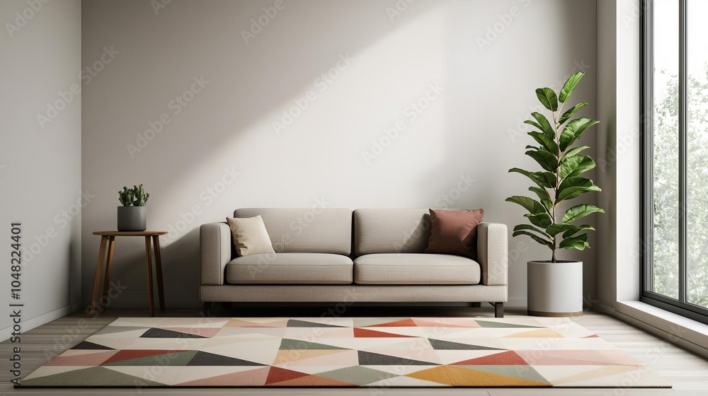 Fototapeta premium Neutraltoned living room with geometric rug, cozy seating, and stylish indoor plant Minimal decor, Natural vibes