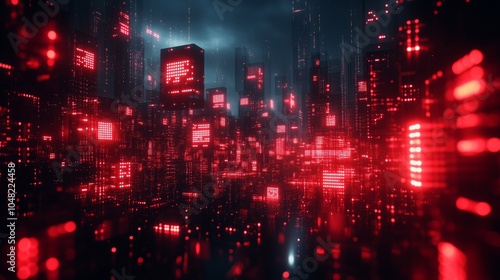 Abstract background with digital glowing red and black cubes in the dark space, cyber technology concept