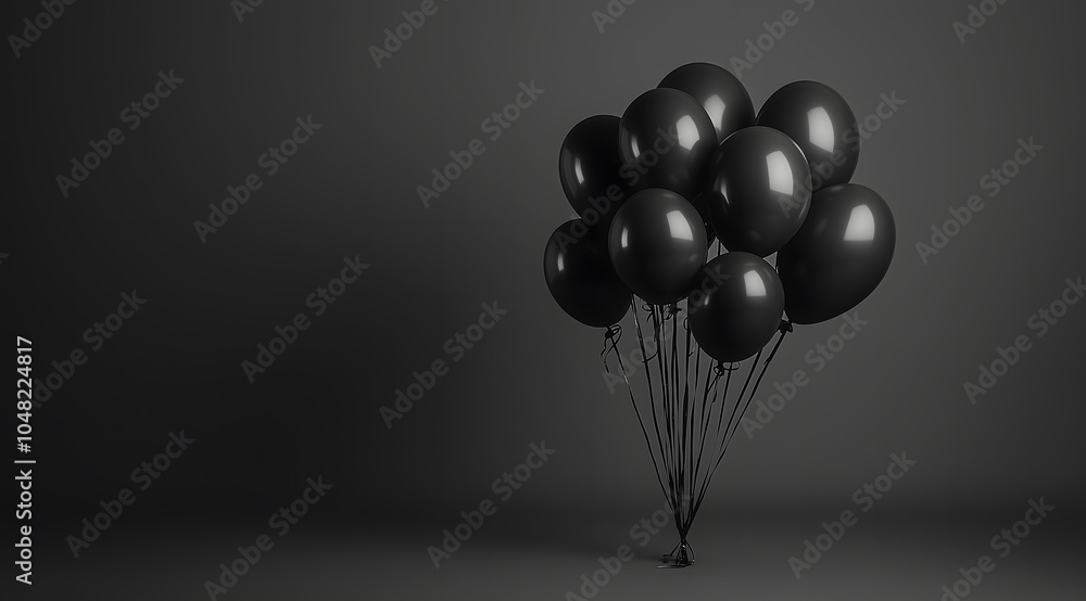 Black balloons on a dark background, featuring a minimalist black and white style in a large panoramic scene. Ideal for commercial photography and product displays, showcasing elegant balloon. Black balloons on a dark background, featuring a minimalist black and white style in a large panoramic scene. Ideal for commercial photography and product displays, showcasing elegant balloon.
