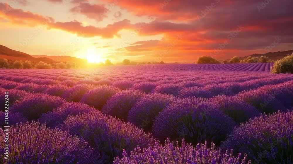 Lavender Fields Under a Sunset Sky Lavender Fields Under a Sunset Sky