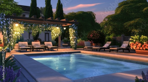 Backyard swimming pool with lounge chairs, a stylish pergola, and evening lighting, setting up a perfect spot for relaxation.