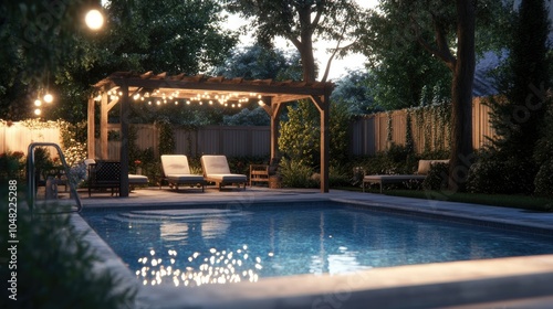 Backyard swimming pool with lounge chairs, a stylish pergola, and evening lighting, setting up a perfect spot for relaxation.