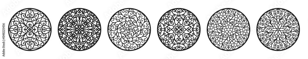 Black silhouettes of round decorative panels with openwork ornaments on a white background. Vector set of privacy screen, fence, room divider, interior partition for CNC, laser cutting in metal, wood Black silhouettes of round decorative panels with openwork ornaments on a white background. Vector set of privacy screen, fence, room divider, interior partition for CNC, laser cutting in metal, wood