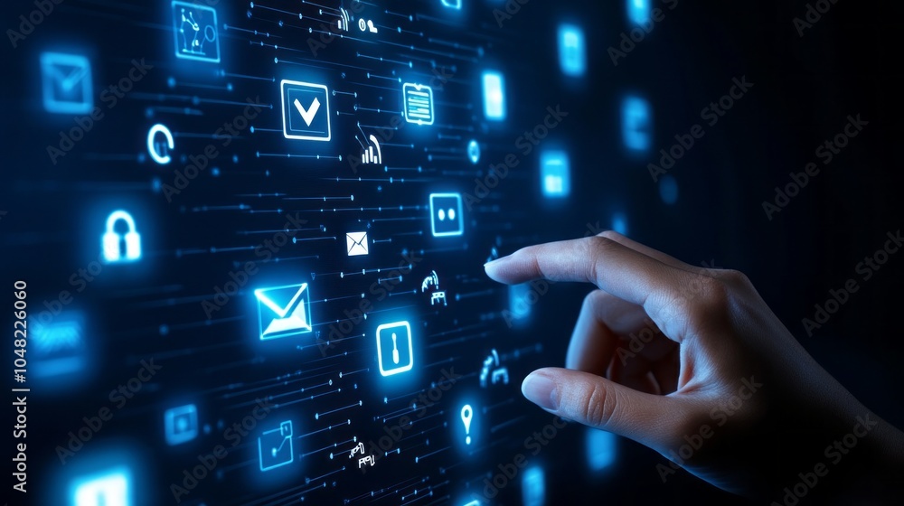 A hand is pointing at a screen with a lot of icons, including a check mark A hand is pointing at a screen with a lot of icons, including a check mark