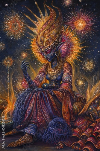 Wallpaper Mural A vibrant, mystical figure adorned with elaborate attire, surrounded by cosmic elements and fire. Torontodigital.ca