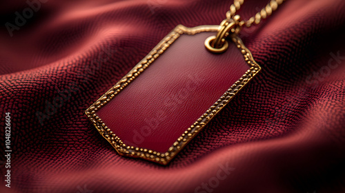 A Blank Maroon Leather Tag with a Gold Border, Elegantly Hanging Against a Dark Background, Ideal for Personalization, Branding, or Gift Tagging, Exuding a Sense of Luxury and Sophistication. 