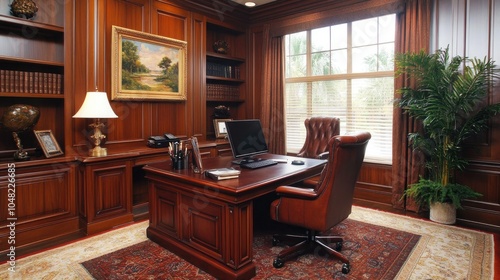 Elegant workroom with dark wood furniture, desk lamp, artwork on the walls, and leather office chair for a refined look.