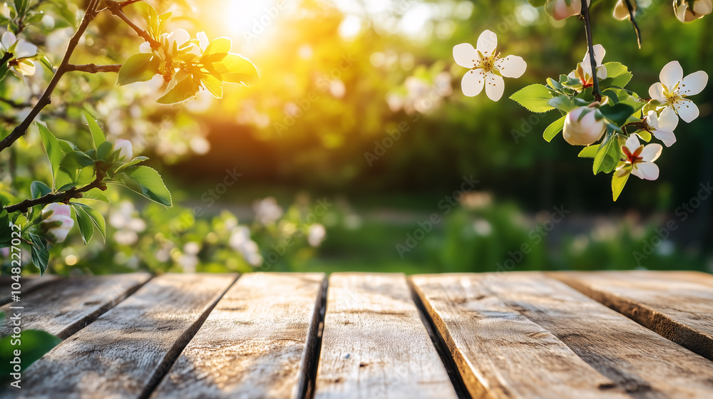 Spring blurred beautiful background with green lush young foliage and flowering branches with an empty wooden table on nature outdoors in sunlight Spring blurred beautiful background with green lush young foliage and flowering branches with an empty wooden table on nature outdoors in sunlight