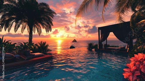 Luxurious backyard poolside setup with a cabana, tropical plants, and an infinity pool facing a beautiful sunset view.