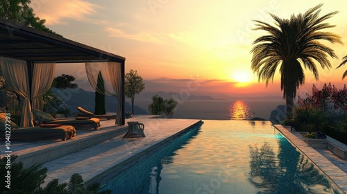 Luxurious backyard poolside setup with a cabana, tropical plants, and an infinity pool facing a beautiful sunset view.