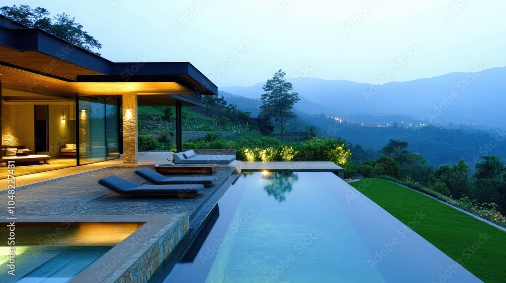 Fototapeta premium Luxury backyard with infinity pool, scenic view over a green valley, sleek sun loungers, and ambient lighting for a relaxing atmosphere.