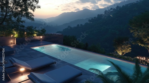 Luxury backyard with infinity pool, scenic view over a green valley, sleek sun loungers, and ambient lighting for a relaxing atmosphere.
