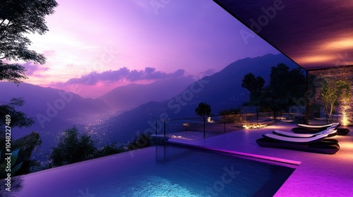 Luxury backyard with infinity pool, scenic view over a green valley, sleek sun loungers, and ambient lighting for a relaxing atmosphere.
