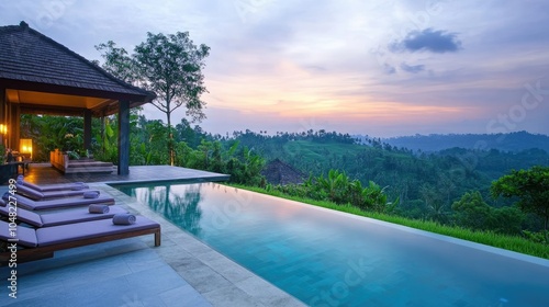 Luxury backyard with infinity pool, scenic view over a green valley, sleek sun loungers, and ambient lighting for a relaxing atmosphere.