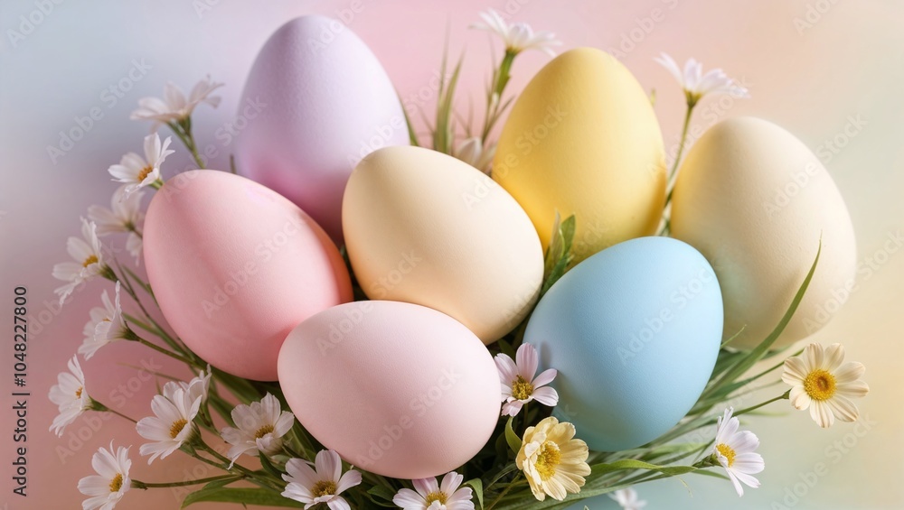 Pastel Easter eggs nestled in daisies with colorful background Pastel Easter eggs nestled in daisies with colorful background
