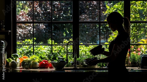 A woman washes dishes in a kitchen sink, silhouetted against a large window with a lush green garden view.