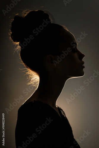 Silhouette of a young woman with an elegant bun hairstyle, softly illuminated against a dark background, conveying mystery and introspection. photo