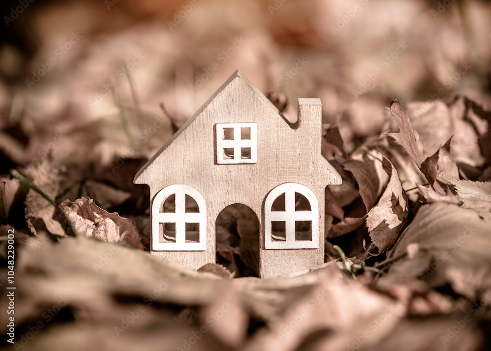 The symbol of the house stands among the fallen autumn leaves
The symbol of the house stands among the fallen autumn leaves