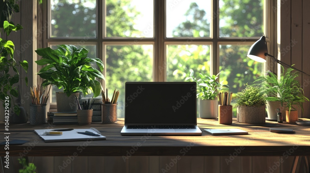 Workroom with a rustic wood desk, laptop, office supplies, potted plants, and natural lighting through big windows. Workroom with a rustic wood desk, laptop, office supplies, potted plants, and natural lighting through big windows.