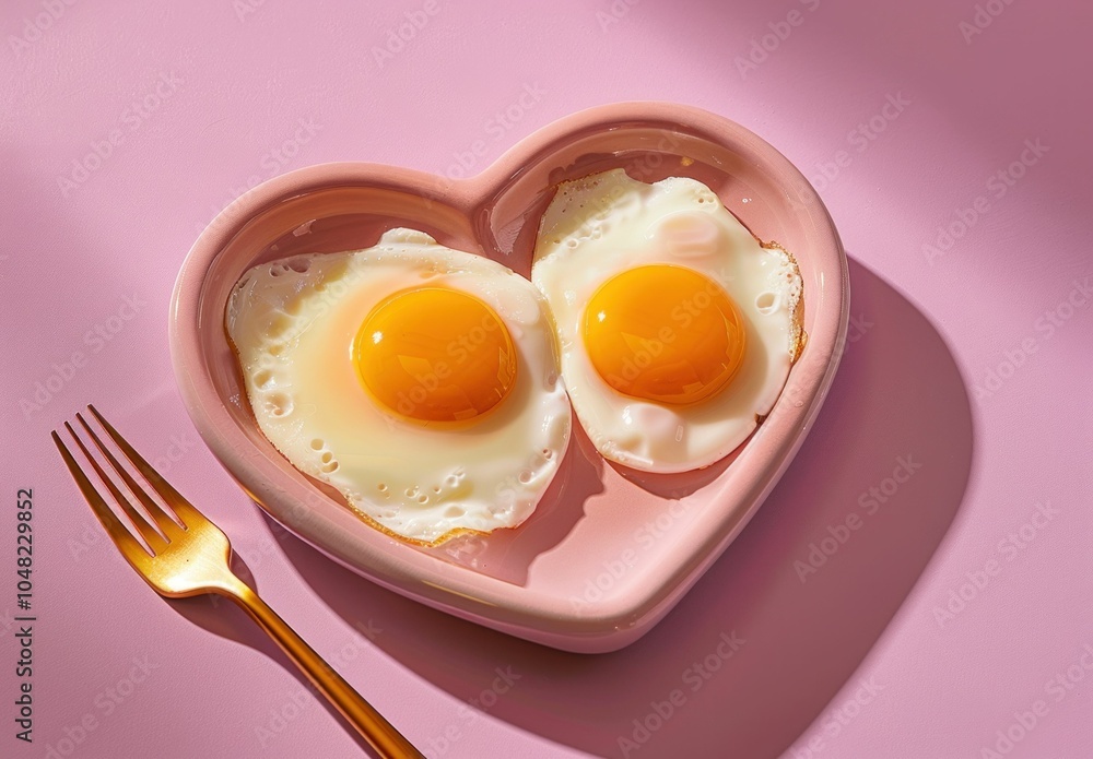 Heart shaped plate with sunny side up eggs, vibrant yellow yolks, pink background, romantic breakfast concept, perfect for culinary and lifestyle imagery Heart shaped plate with sunny side up eggs, vibrant yellow yolks, pink background, romantic breakfast concept, perfect for culinary and lifestyle imagery