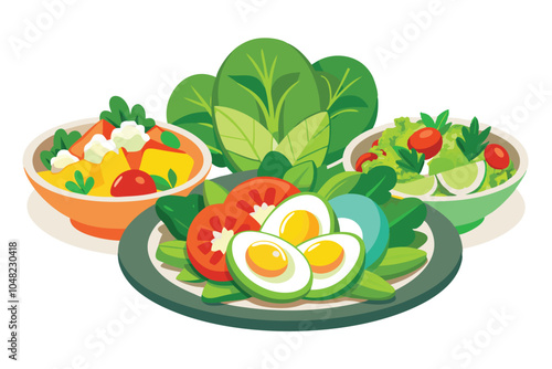 Rich Salad Plates with Mixed Greens, Vegetables, Avocado, Eggs, Chicken, and Shrimps.