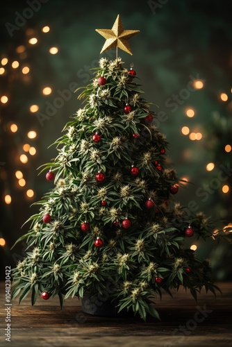 Cannabis Christmas Tree Bokeh Lighting Backdrop THC CBD Hemp Marketing Background Concept, Dispensary Holiday Wallpaper