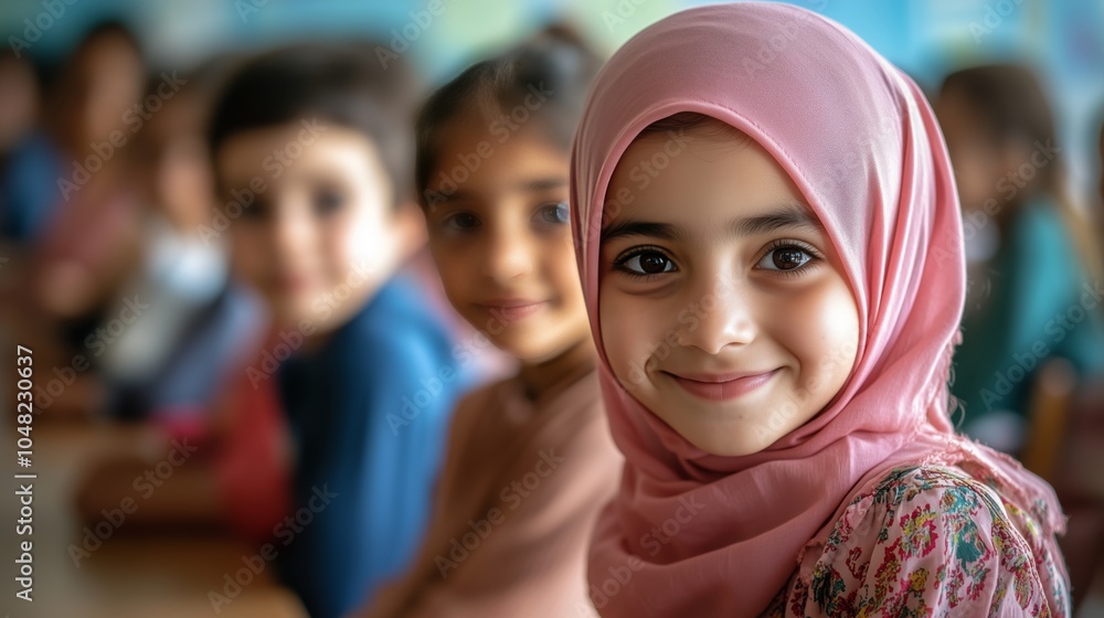 Fototapeta premium A photo of happy children in a classroom, one girl wearing a pink hijab smiling at the camera with other kids around her