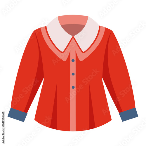 Red vintage blouse with white peter pan collar, long sleeve button down shirt, retro female apparel vector illustration