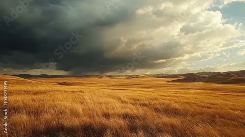 Dramatic Wide Open Prairie Under Cloudy Sky