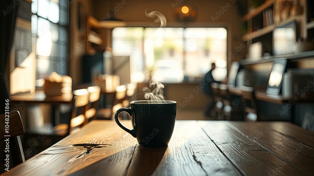 A solitary ceramic mug with steam rising from its surface rests upon a weathered wooden table, bathed in soft sunlight filtering through a nearby window, in a dimly lit cafe setting. A solitary ceramic mug with steam rising from its surface rests upon a weathered wooden table, bathed in soft sunlight filtering through a nearby window, in a dimly lit cafe setting.
