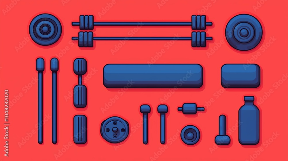 Obraz premium A collection of gym equipment including weights, bars, and accessories on a vibrant red background for fitness enthusiasts.
