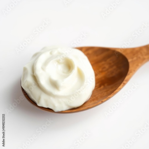 sour cream on wooden spoon mayonnaise yogurt isolated on white background full depth of field