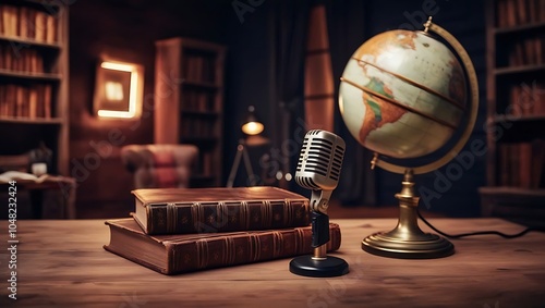 podcast studio with microphones wooden table, podcast studio, studio, minimalist studio, minimalist podcast studio, interior, room, office, globe, earth, map, world, planet, isolated, sphere, geograph photo