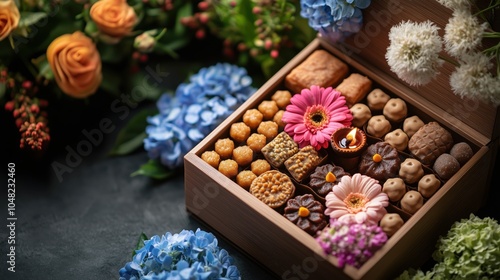 A beautifully arranged box of assorted delicacies featuring colorful sweets and flowers, ideal for celebrations and gifting, presenting a vibrant and appetizing visual appeal.