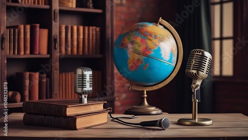 podcast studio with microphones wooden table, podcast studio, studio, minimalist studio, minimalist podcast studio, interior, room, office, globe, earth, map, world, planet, isolated, sphere, geograph photo