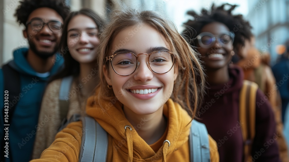 group of smiling young students taking selfie on the street, diverse group with glasses and backpacks, looking at camera group of smiling young students taking selfie on the street, diverse group with glasses and backpacks, looking at camera