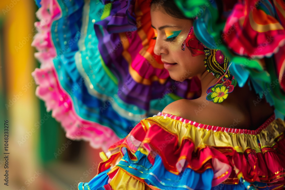 Fototapeta premium Vibrant Latina dancer in traditional colorful attire and sombrero, showcasing cultural heritage with intricate patterns and joyful expression.