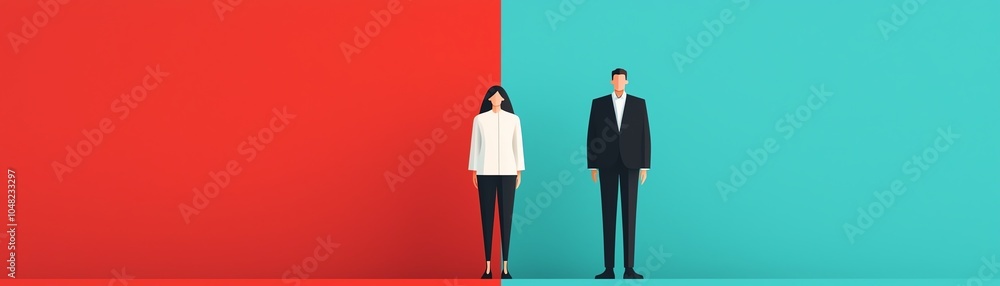 A visual representation of gender difference with a woman in white and a man in black, set against red and blue backgrounds. A visual representation of gender difference with a woman in white and a man in black, set against red and blue backgrounds.