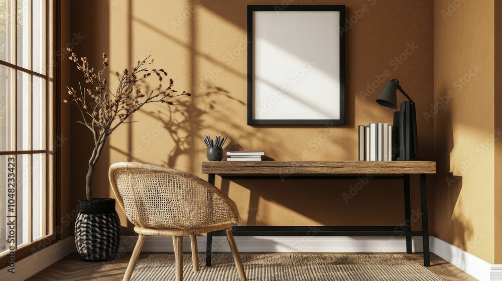 Aesthetic composition of living room interior with mock-up poster frame, wooden desk, rattan chair, black rack, vase with branch, books, brown wall, and office accessories. Home decor. Template Aesthetic composition of living room interior with mock-up poster frame, wooden desk, rattan chair, black rack, vase with branch, books, brown wall, and office accessories. Home decor. Template