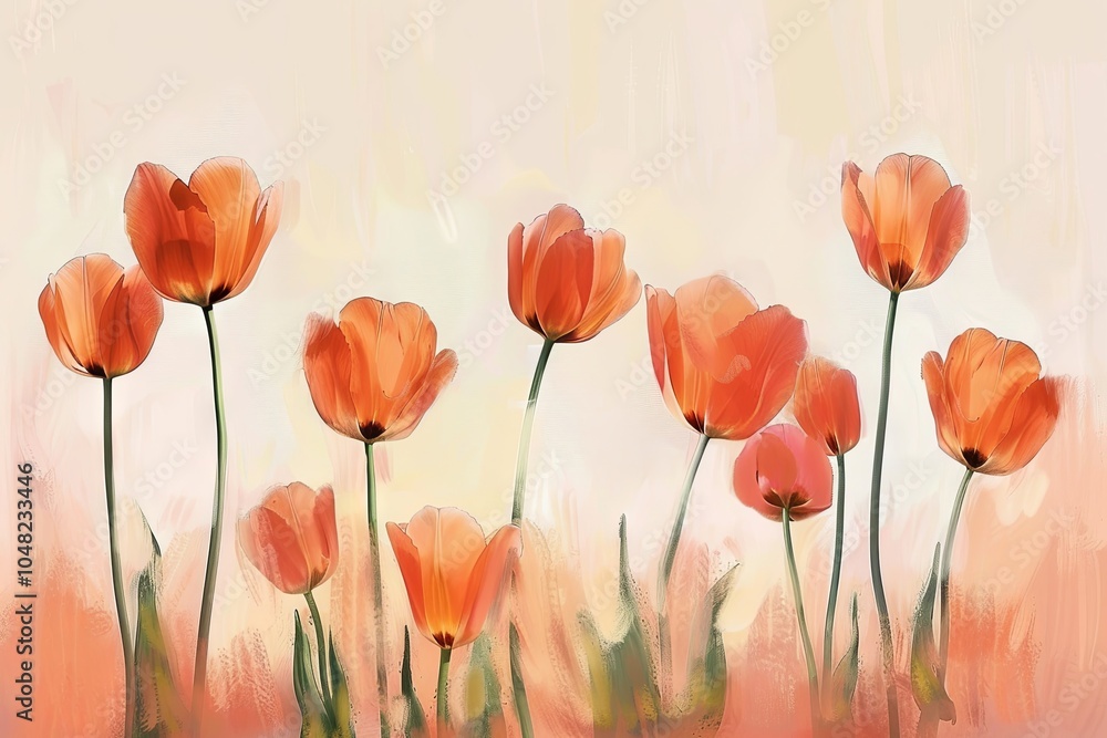 Fototapeta premium Vibrant Orange Tulips Blooming in Soft Pastel Background â€“ Elegant Floral Artwork Perfect for Nature-Inspired Decor and Spring-Themed Designs