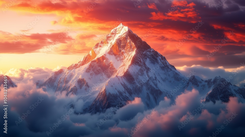 Photograph of Mount Everest in the golden hour lighting, with an extreme close up shot, beautiful clouds in the sky, Photograph of Mount Everest in the golden hour lighting, with an extreme close up shot, beautiful clouds in the sky,