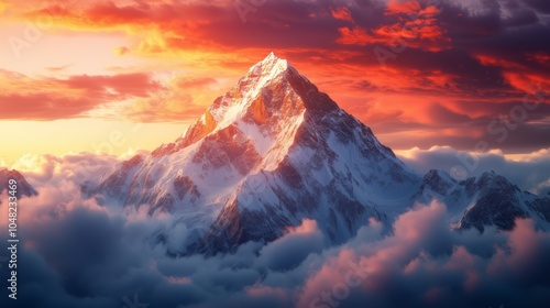 Photograph of Mount Everest in the golden hour lighting, with an extreme close up shot, beautiful clouds in the sky, photo