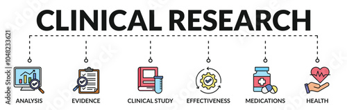 Banner of clinical research web vector illustration concept with icons of analysis, evidence, clinical study, effectiveness, medications, health
