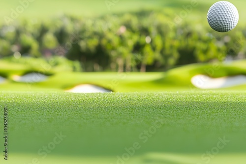 Seamless, Seamless Golf ball in mid-air, above green golf course, blurred background of trees. photo