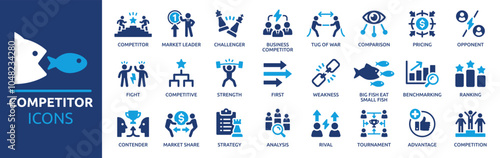 Competitor icon set. Containing competition, opponent, market leader, advantage, strengths, weakness, comparison and ranking. Solid vector icons collection.