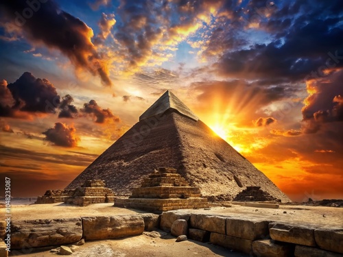 Khafre Pyramid Silhouette at Giza - Majestic Close-Up of the Second Largest Pyramid in Egypt, Capturing the Ancient photo