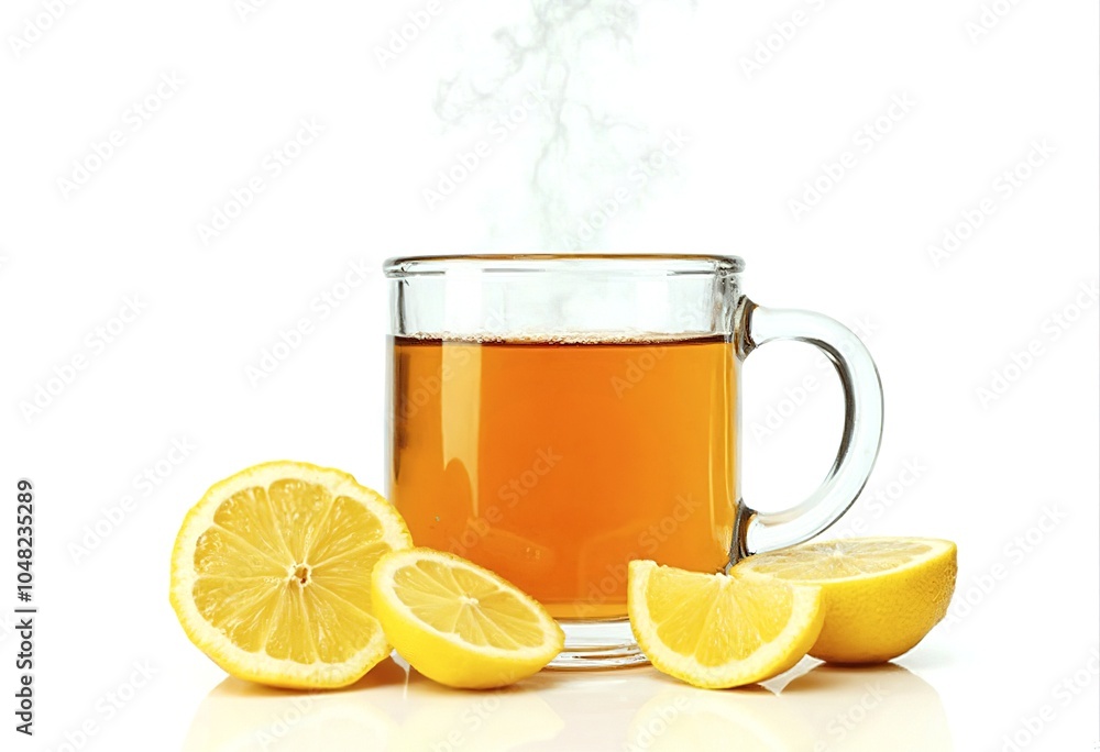 A glass mug filled with a hot, amber-colored beverage surrounded by fresh lemon slices isolated on white background A glass mug filled with a hot, amber-colored beverage surrounded by fresh lemon slices isolated on white background